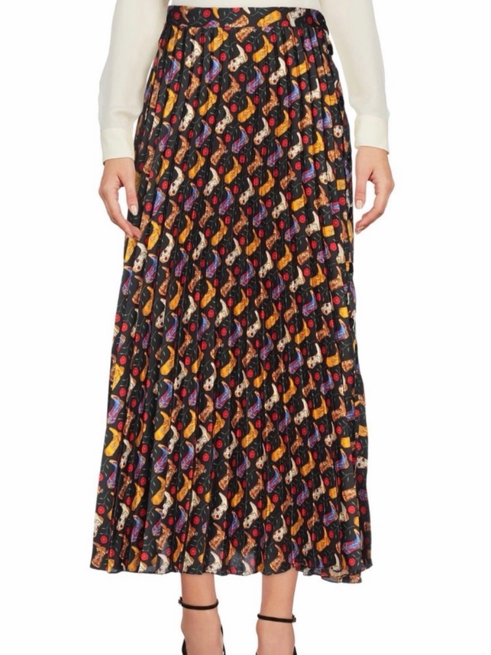 Sandro Black Pleated Midi Skirt with Multicolor Floral Motif